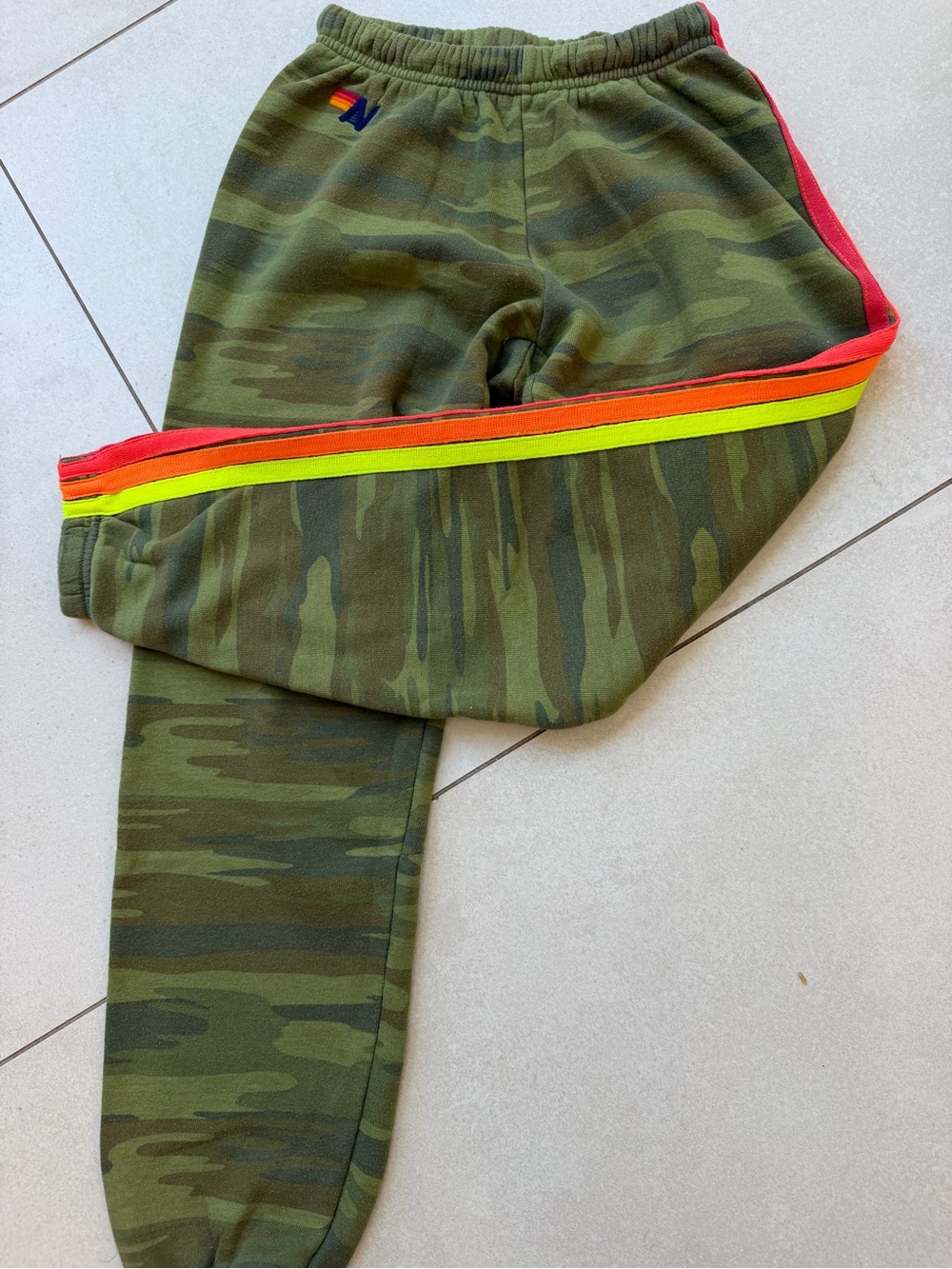Aviator Nation Olive Camo Track Joggers with Neon Side Stripes